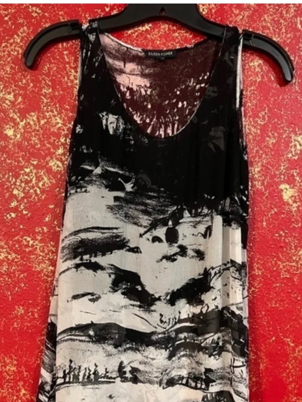 EILEEN FISHER 100% Silk Black & White Sleeveless Blouse Top XS